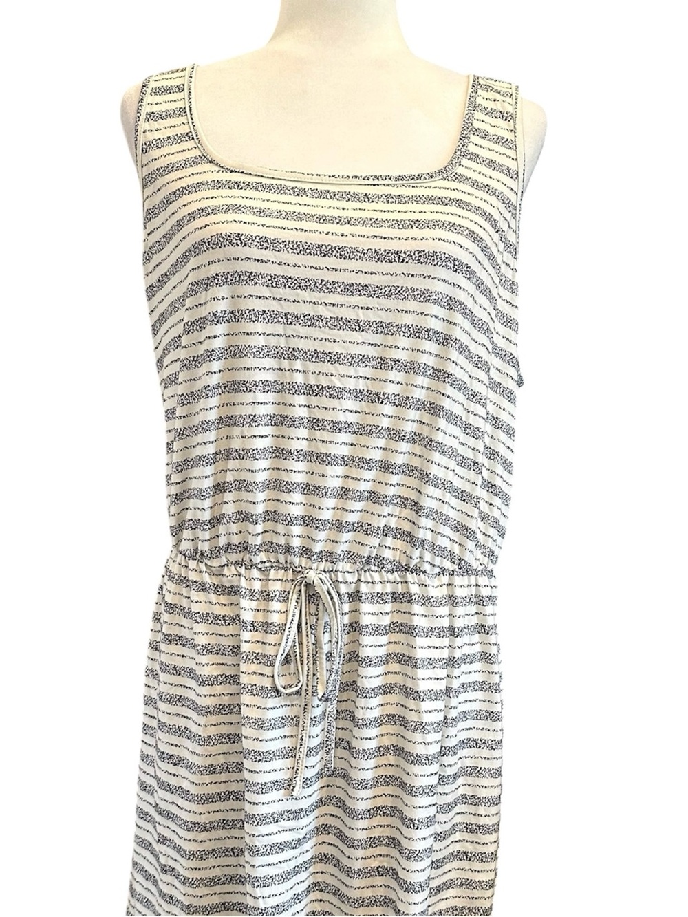 🆕 NWOT White & Grey Striped Tank Top Dress with Cinched Drawstring Waist
